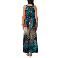 New Zealand Tui Bird Taiaha Family Matching Tank Maxi Dress and Hawaiian Shirt Maori Weapon Paua Shell Mix Silver Fern
