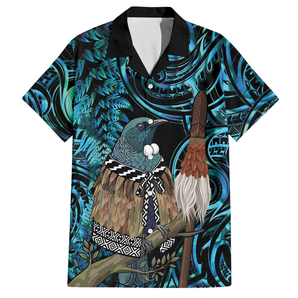 New Zealand Tui Bird Taiaha Hawaiian Shirt Maori Weapon Paua Shell Mix Silver Fern