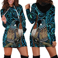 New Zealand Tui Bird Taiaha Hoodie Dress Maori Weapon Paua Shell Mix Silver Fern