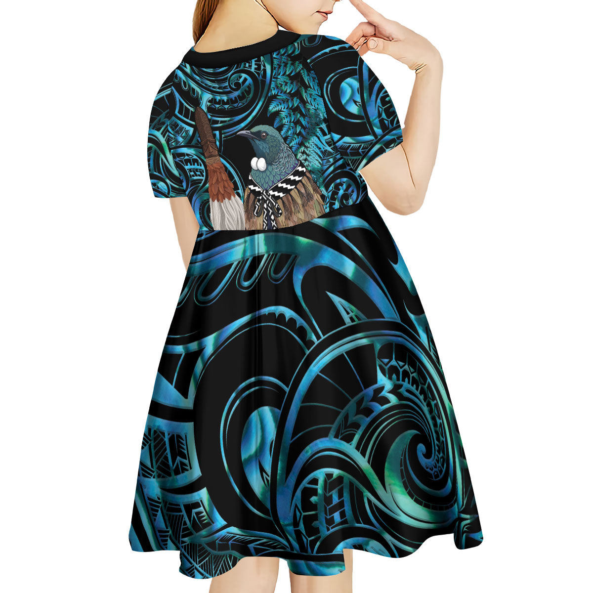 New Zealand Tui Bird Taiaha Kid Short Sleeve Dress Maori Weapon Paua Shell Mix Silver Fern