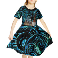 New Zealand Tui Bird Taiaha Kid Short Sleeve Dress Maori Weapon Paua Shell Mix Silver Fern
