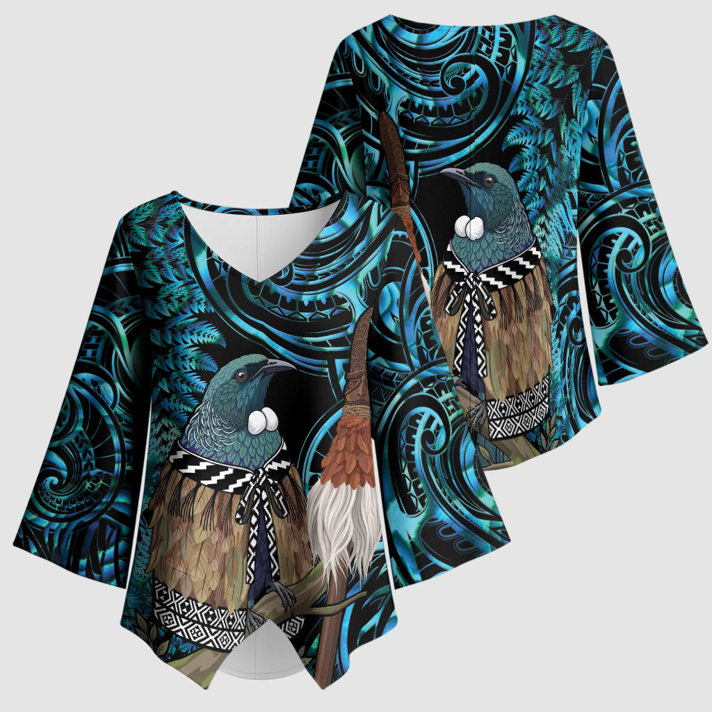 New Zealand Tui Bird Taiaha Kimono Sleeve Blouse Maori Weapon Paua Shell Mix Silver Fern
