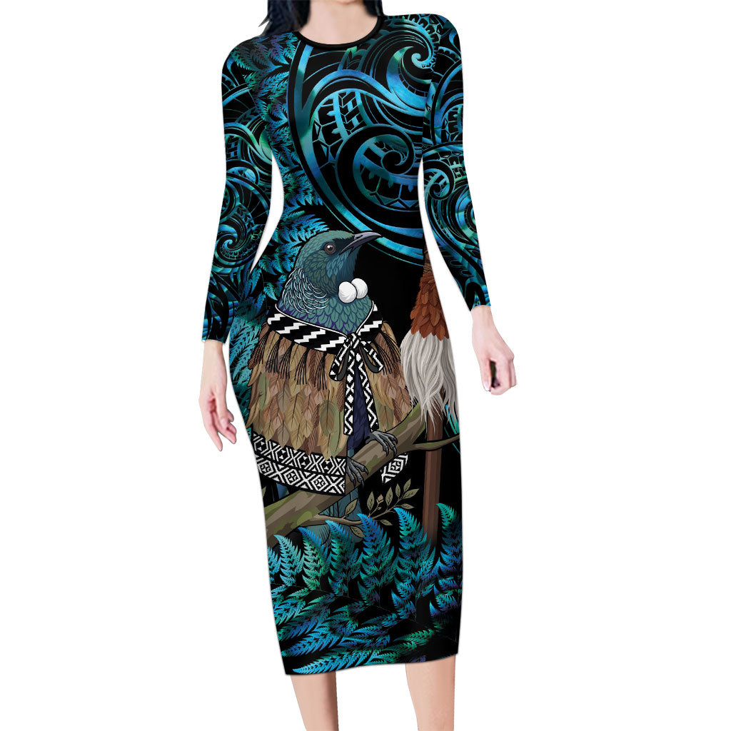New Zealand Tui Bird Taiaha Long Sleeve Bodycon Dress Maori Weapon Paua Shell Mix Silver Fern