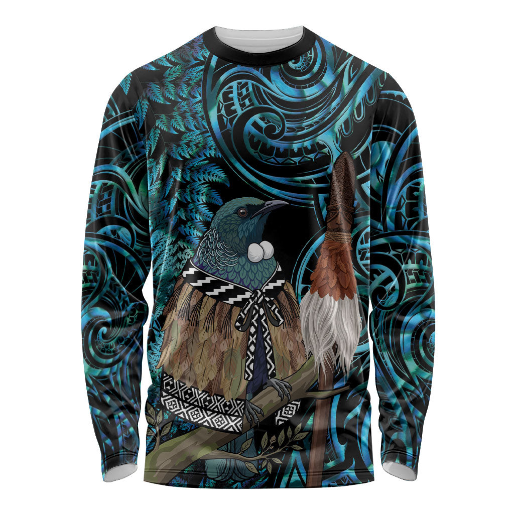 New Zealand Tui Bird Taiaha Long Sleeve Shirt Maori Weapon Paua Shell Mix Silver Fern LT14 Unisex Turquoise - Polynesian Pride