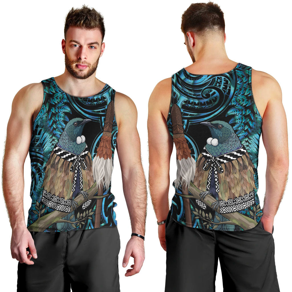 New Zealand Tui Bird Taiaha Men Tank Top Maori Weapon Paua Shell Mix Silver Fern