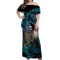 New Zealand Tui Bird Taiaha Off Shoulder Maxi Dress Maori Weapon Paua Shell Mix Silver Fern
