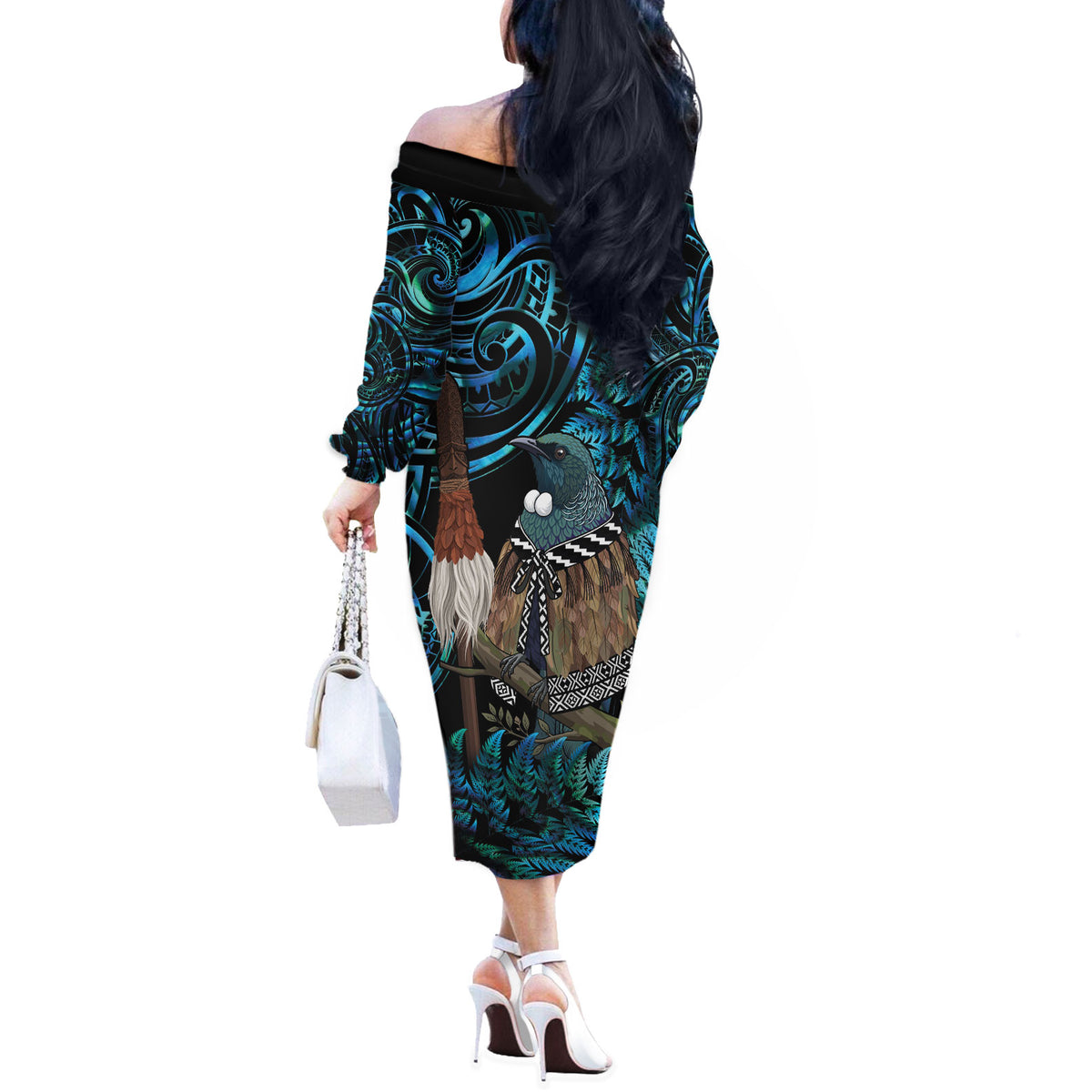 New Zealand Tui Bird Taiaha Off The Shoulder Long Sleeve Dress Maori Weapon Paua Shell Mix Silver Fern