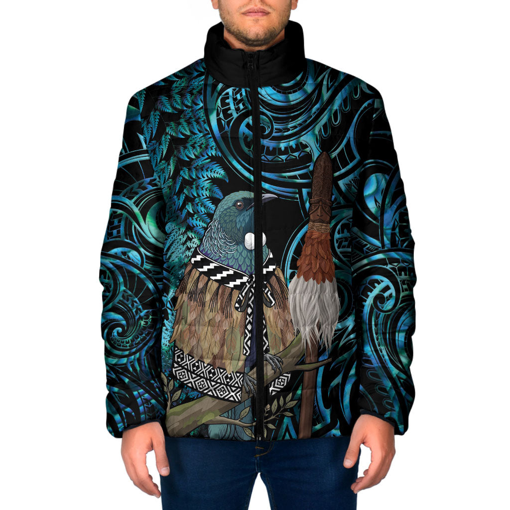 New Zealand Tui Bird Taiaha Padded Jacket Maori Weapon Paua Shell Mix Silver Fern LT14 Men Turquoise - Polynesian Pride