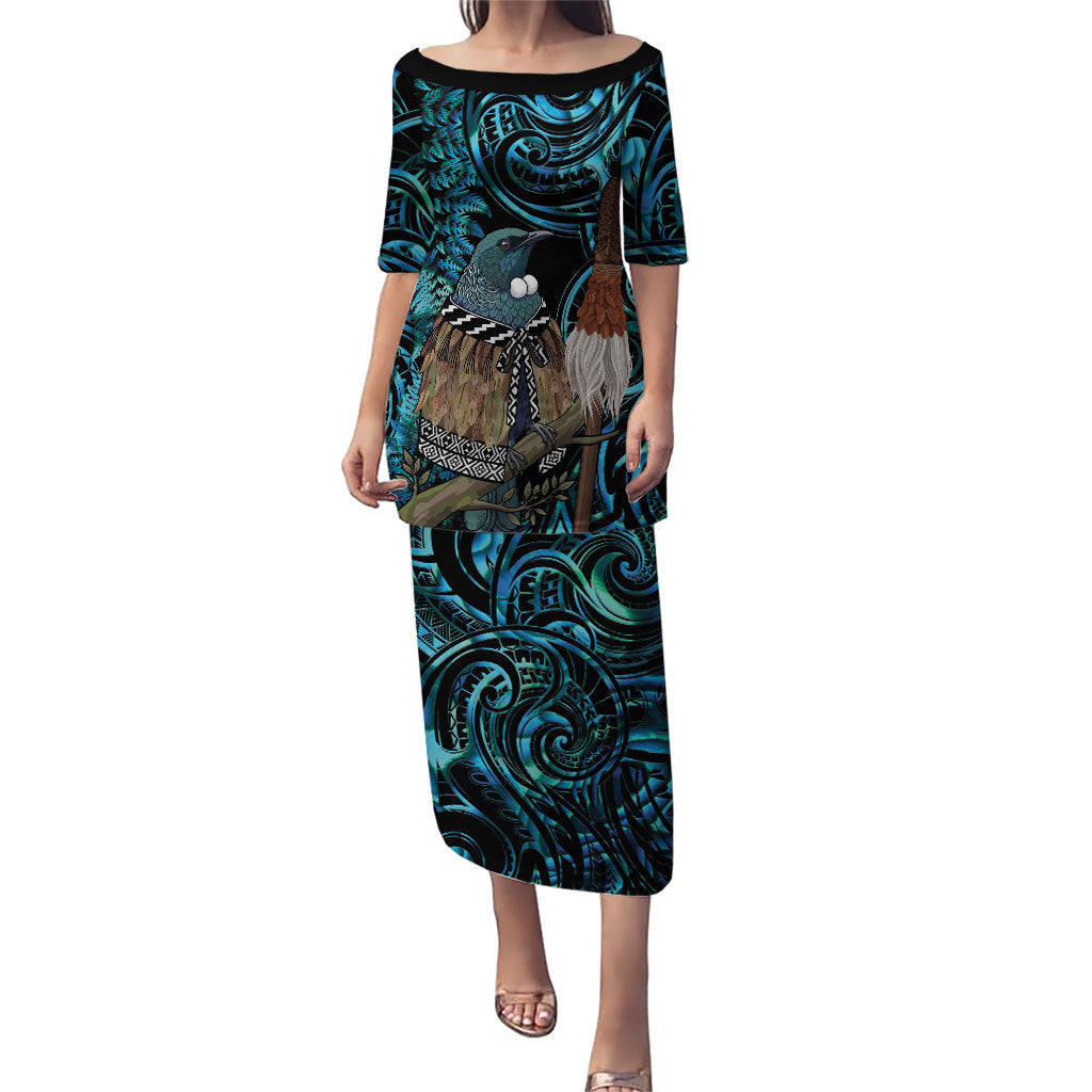 New Zealand Tui Bird Taiaha Puletasi Maori Weapon Paua Shell Mix Silver Fern LT14 Long Dress Turquoise - Polynesian Pride