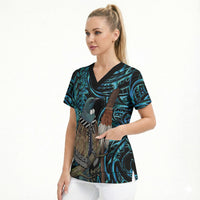 New Zealand Tui Bird Taiaha Scrub Top Maori Weapon Paua Shell Mix Silver Fern