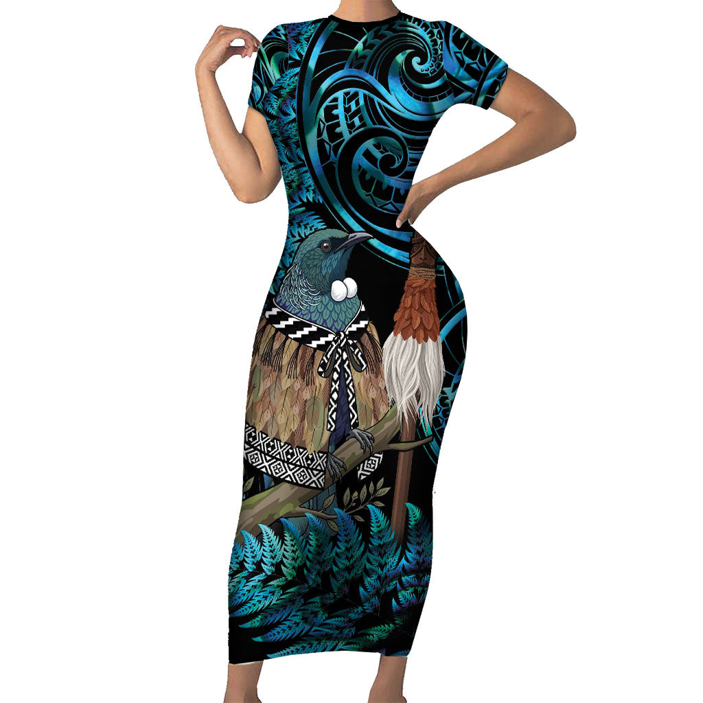 New Zealand Tui Bird Taiaha Short Sleeve Bodycon Dress Maori Weapon Paua Shell Mix Silver Fern LT14 Long Dress Turquoise - Polynesian Pride