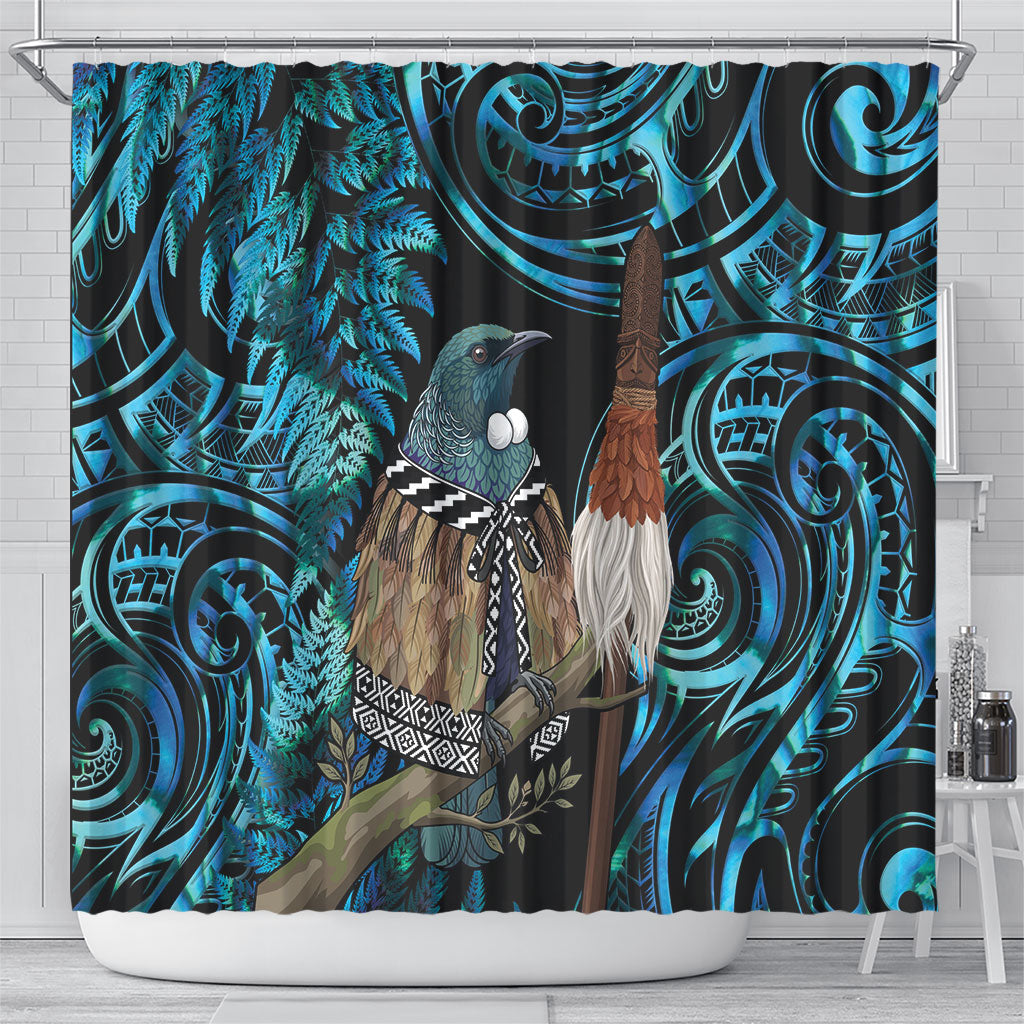 New Zealand Tui Bird Taiaha Shower Curtain Maori Weapon Paua Shell Mix Silver Fern
