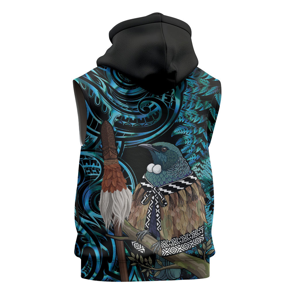 New Zealand Tui Bird Taiaha Sleeveless Hoodie Maori Weapon Paua Shell Mix Silver Fern