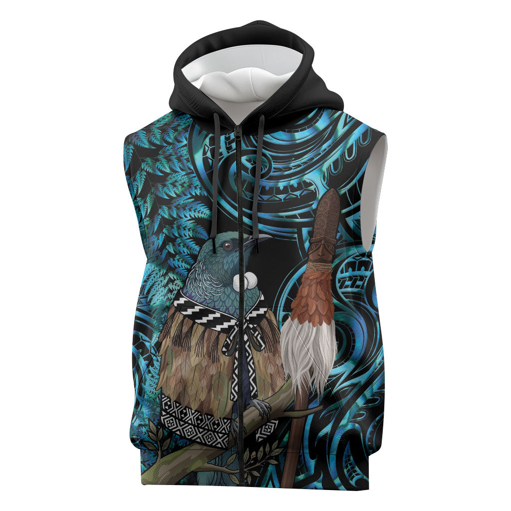 New Zealand Tui Bird Taiaha Sleeveless Zip Hoodie Maori Weapon Paua Shell Mix Silver Fern LT14 Turquoise - Polynesian Pride
