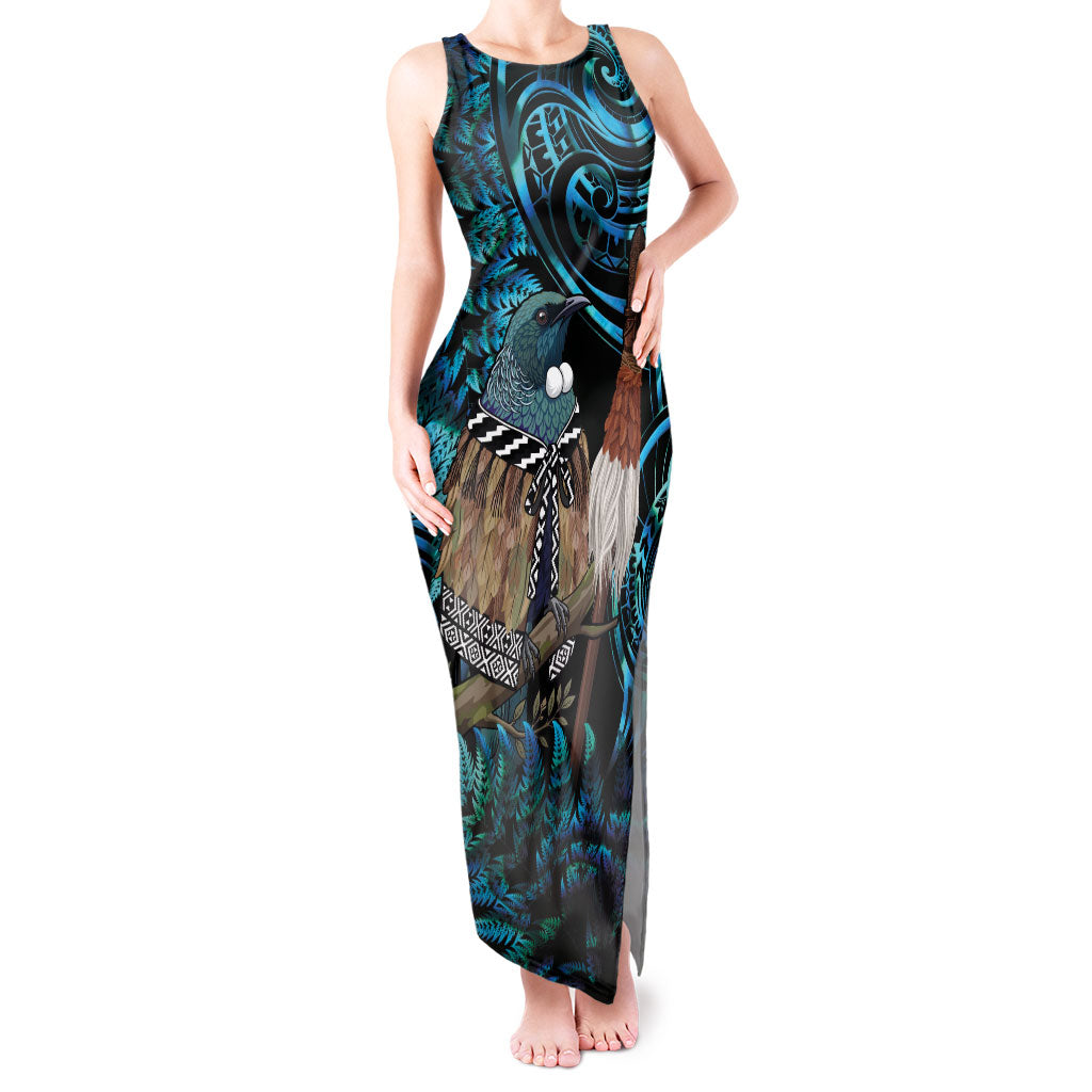 New Zealand Tui Bird Taiaha Tank Maxi Dress Maori Weapon Paua Shell Mix Silver Fern