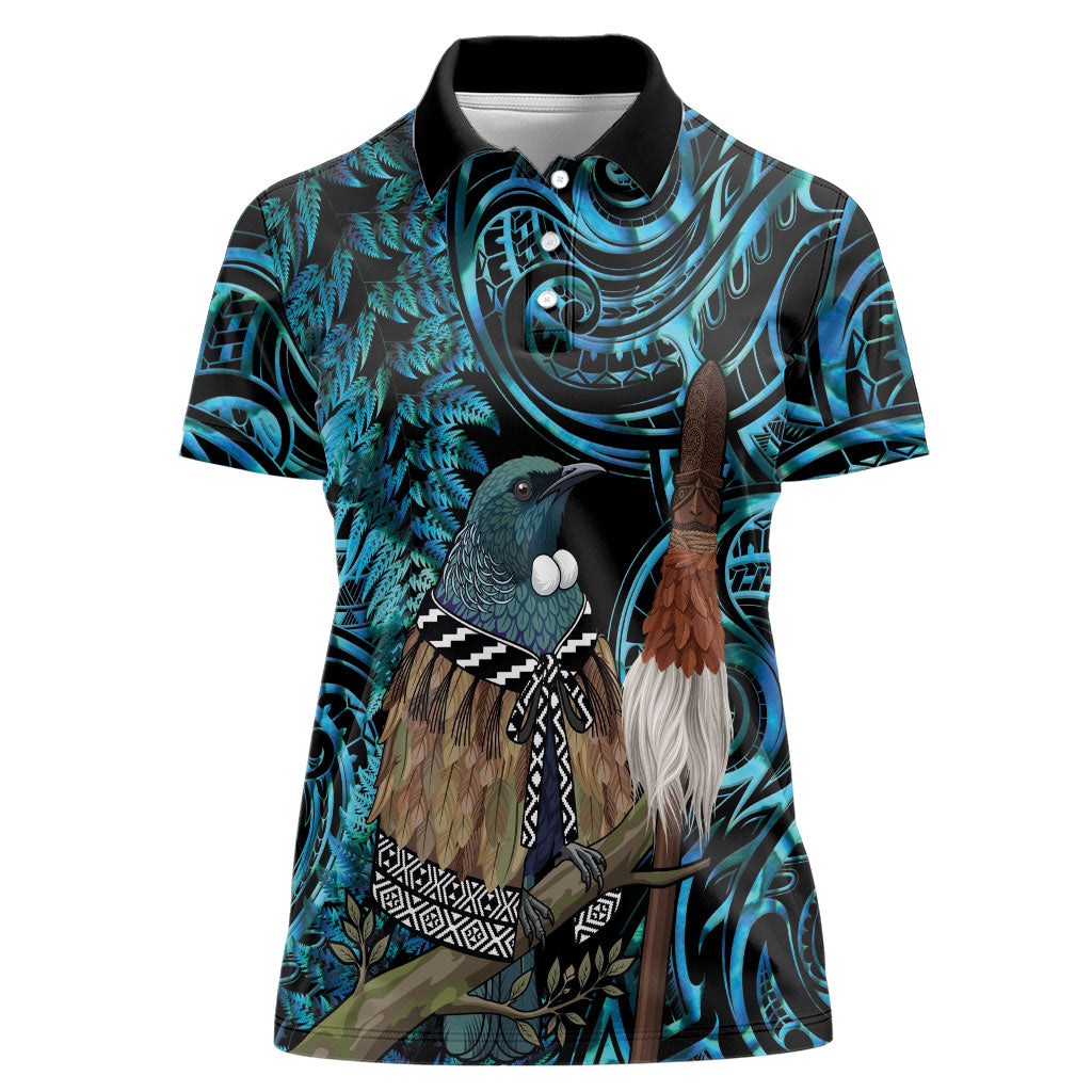 New Zealand Tui Bird Taiaha Women Polo Shirt Maori Weapon Paua Shell Mix Silver Fern