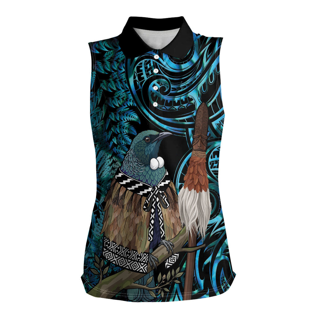 New Zealand Tui Bird Taiaha Women Sleeveless Polo Shirt Maori Weapon Paua Shell Mix Silver Fern