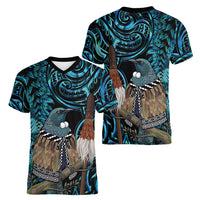 New Zealand Tui Bird Taiaha Women V-Neck T-Shirt Maori Weapon Paua Shell Mix Silver Fern