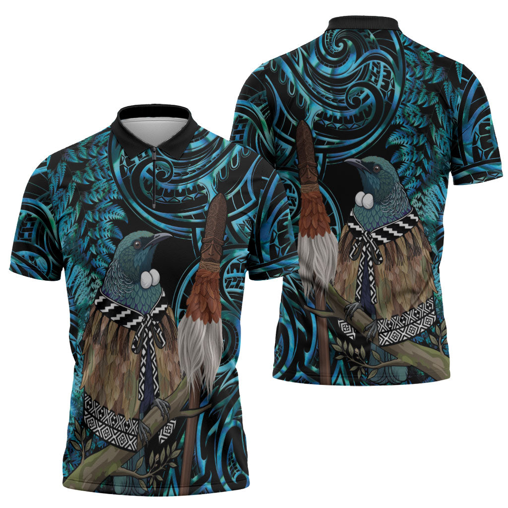 New Zealand Tui Bird Taiaha Zipper Polo Shirt Maori Weapon Paua Shell Mix Silver Fern