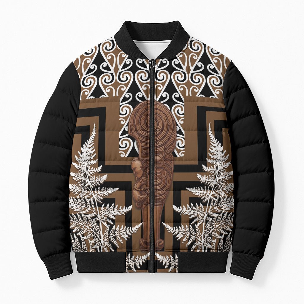 Wahaika New Zealand Bomber Puffer Jacket Maori Weapon Kowhaiwhai Fern Poutama Motifs LT14 Unisex Brown - Polynesian Pride