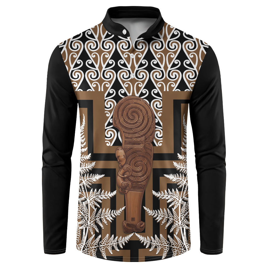 Wahaika New Zealand Button Sweatshirt Maori Weapon Kowhaiwhai Fern Poutama Motifs LT14 Brown - Polynesian Pride