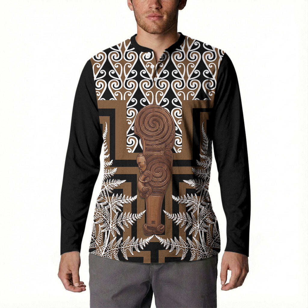 Wahaika New Zealand Button Sweatshirt Maori Weapon Kowhaiwhai Fern Poutama Motifs