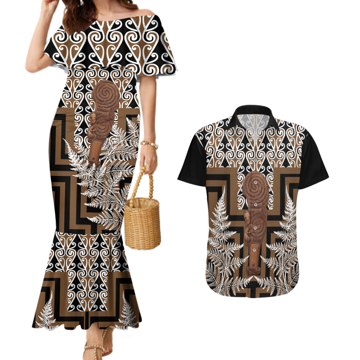 Wahaika New Zealand Couples Matching Mermaid Dress and Hawaiian Shirt Maori Weapon Kowhaiwhai Fern Poutama Motifs LT14 Brown - Polynesian Pride
