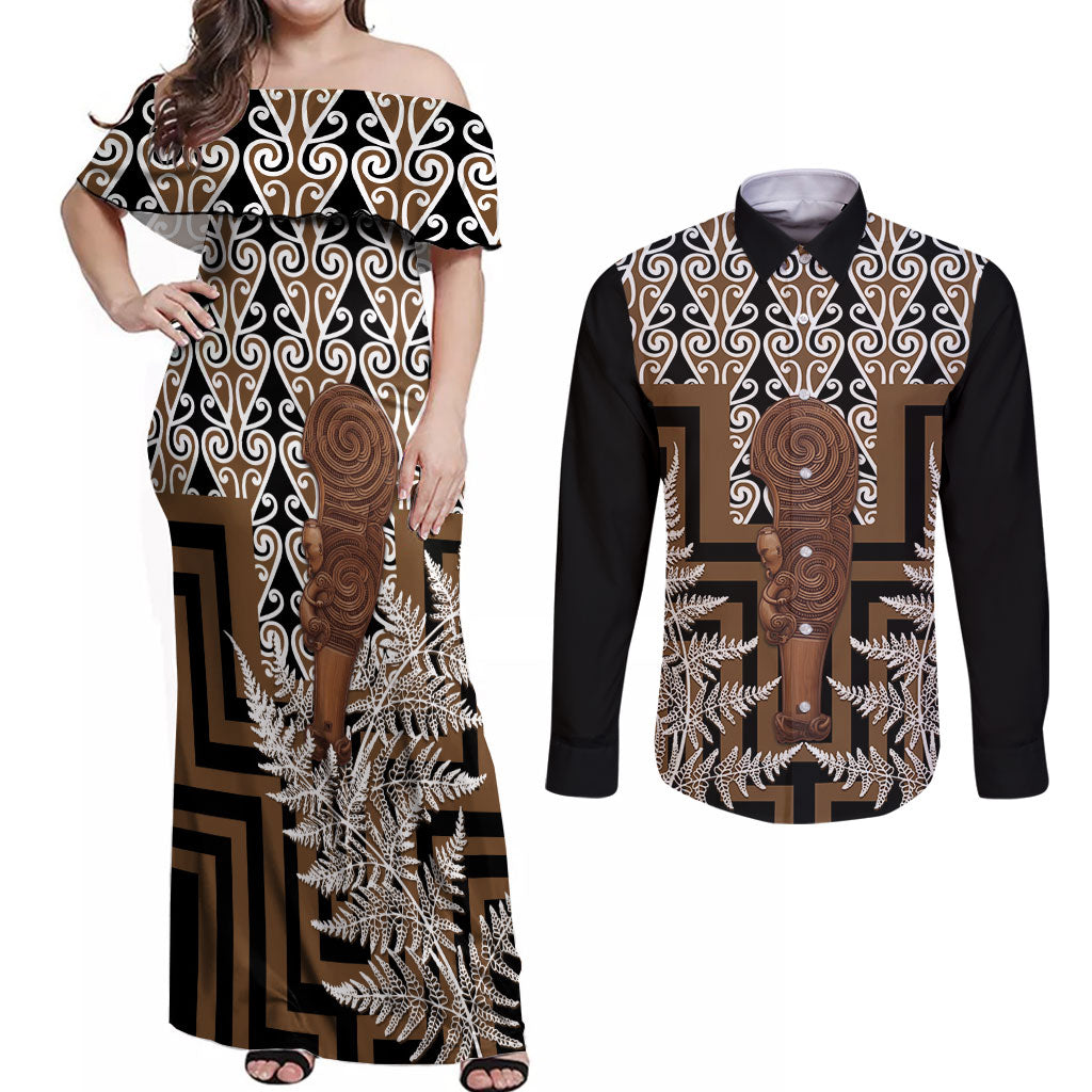 Wahaika New Zealand Couples Matching Off Shoulder Maxi Dress and Long Sleeve Button Shirt Maori Weapon Kowhaiwhai Fern Poutama Motifs