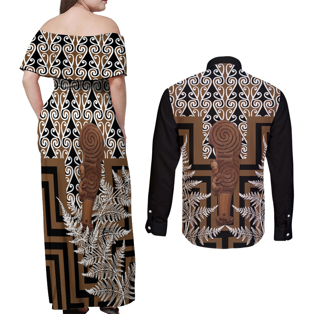 Wahaika New Zealand Couples Matching Off Shoulder Maxi Dress and Long Sleeve Button Shirt Maori Weapon Kowhaiwhai Fern Poutama Motifs