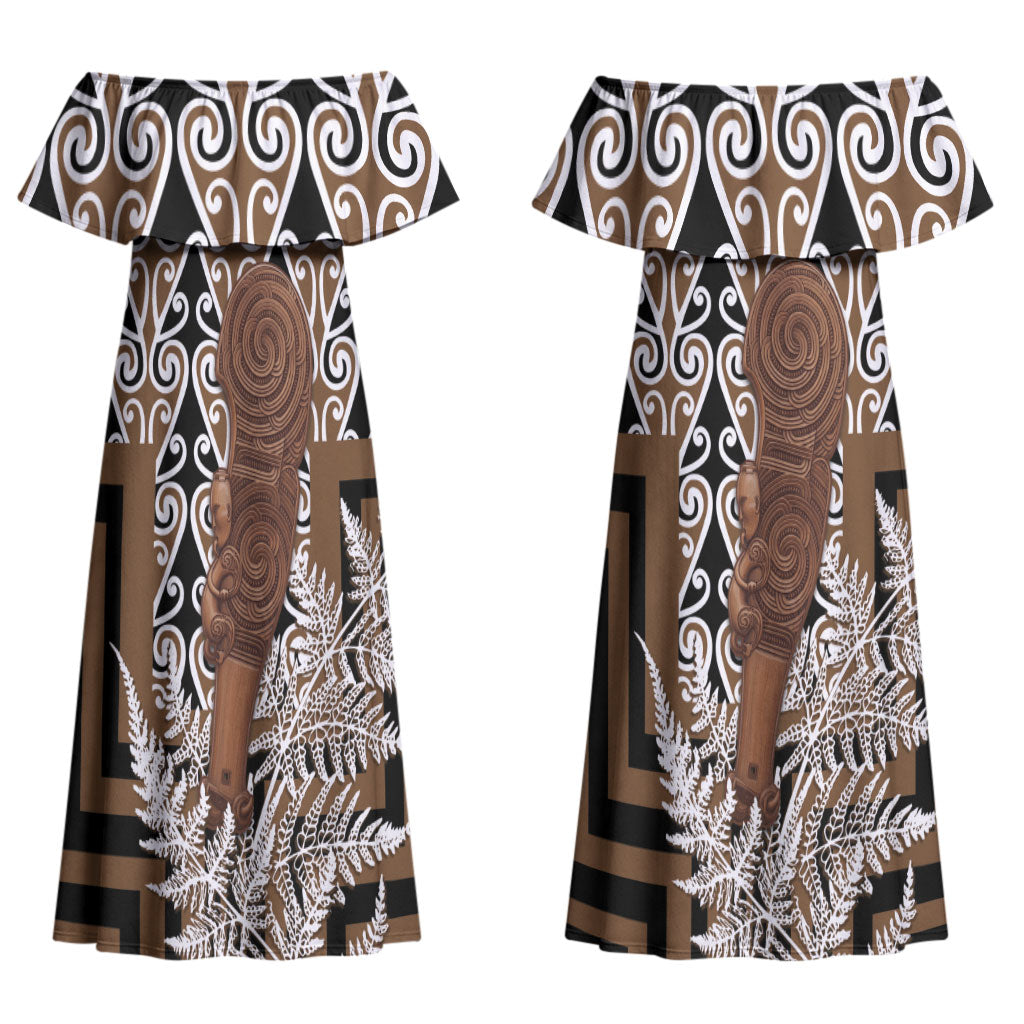 Wahaika New Zealand Couples Matching Off Shoulder Maxi Dress and Long Sleeve Button Shirt Maori Weapon Kowhaiwhai Fern Poutama Motifs LT14 - Polynesian Pride