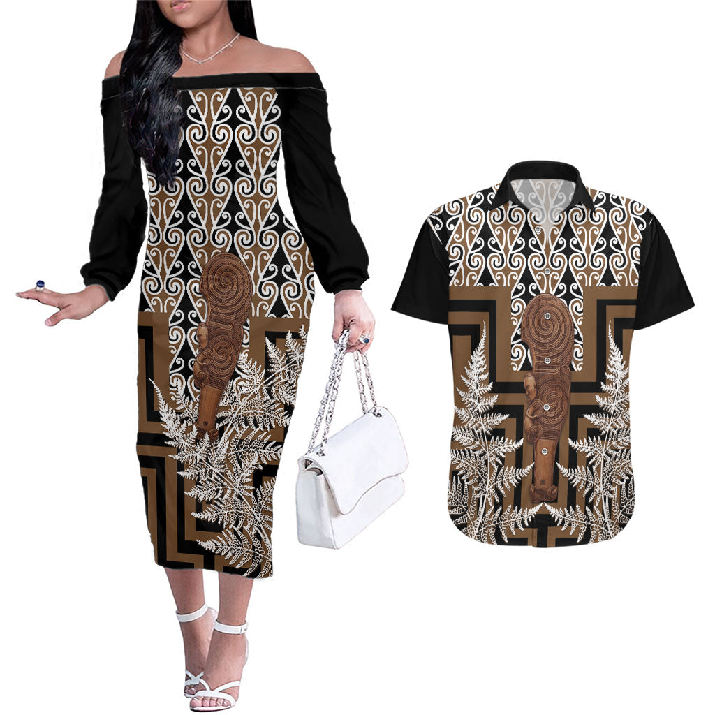 Wahaika New Zealand Couples Matching Off The Shoulder Long Sleeve Dress and Hawaiian Shirt Maori Weapon Kowhaiwhai Fern Poutama Motifs LT14 Brown - Polynesian Pride