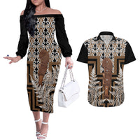 Wahaika New Zealand Couples Matching Off The Shoulder Long Sleeve Dress and Hawaiian Shirt Maori Weapon Kowhaiwhai Fern Poutama Motifs