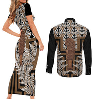 Wahaika New Zealand Couples Matching Short Sleeve Bodycon Dress and Long Sleeve Button Shirt Maori Weapon Kowhaiwhai Fern Poutama Motifs