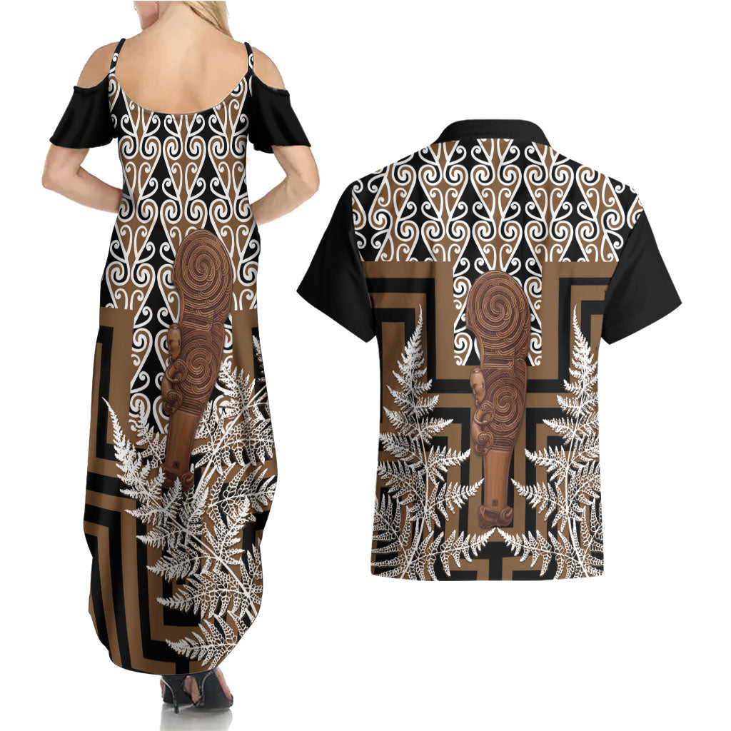 Wahaika New Zealand Couples Matching Summer Maxi Dress and Hawaiian Shirt Maori Weapon Kowhaiwhai Fern Poutama Motifs