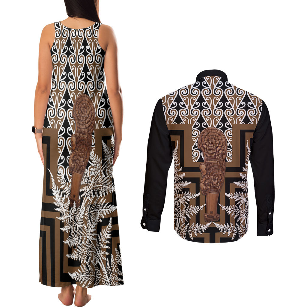 Wahaika New Zealand Couples Matching Tank Maxi Dress and Long Sleeve Button Shirt Maori Weapon Kowhaiwhai Fern Poutama Motifs