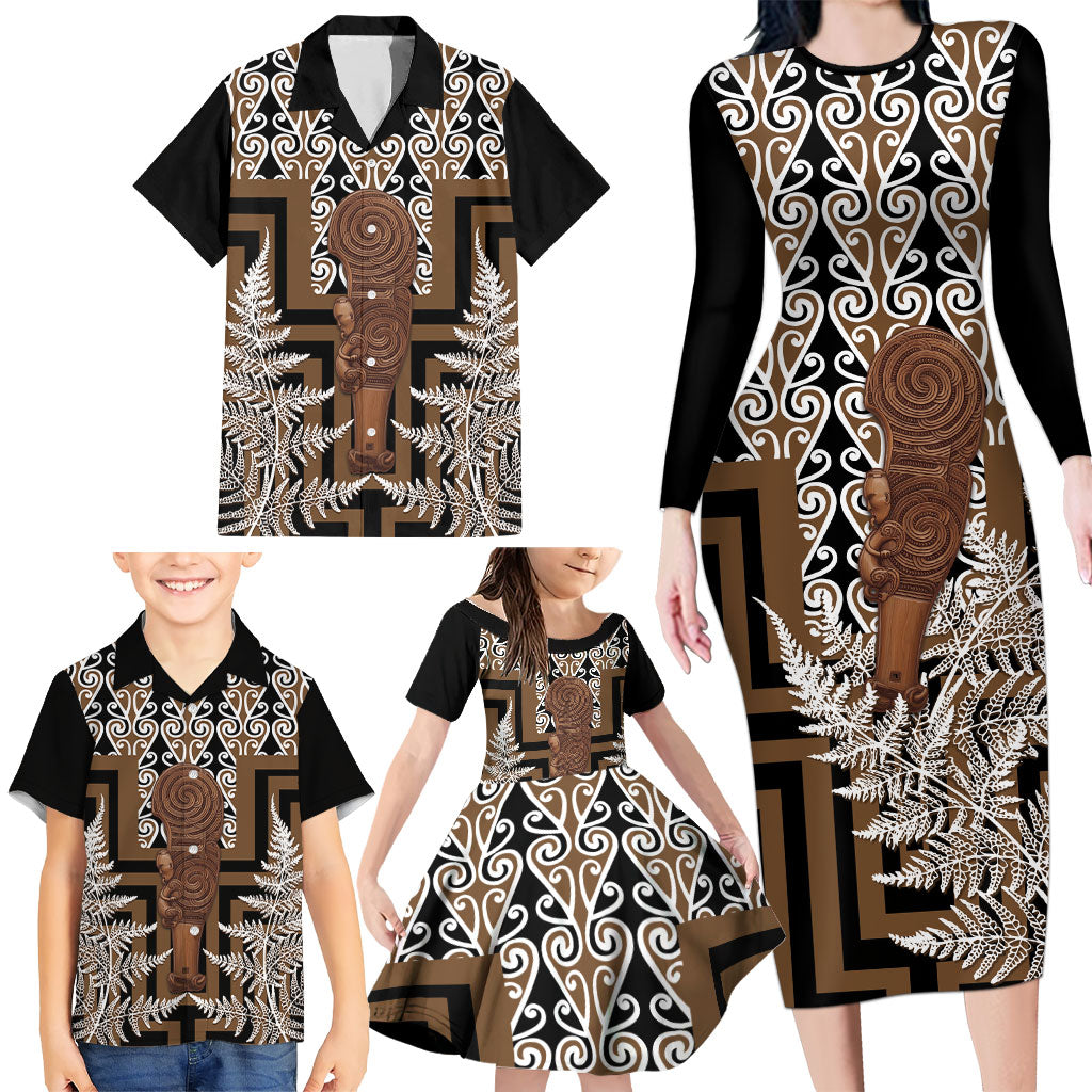 Wahaika New Zealand Family Matching Long Sleeve Bodycon Dress and Hawaiian Shirt Maori Weapon Kowhaiwhai Fern Poutama Motifs LT14 - Polynesian Pride