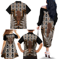 Wahaika New Zealand Family Matching Off The Shoulder Long Sleeve Dress and Hawaiian Shirt Maori Weapon Kowhaiwhai Fern Poutama Motifs