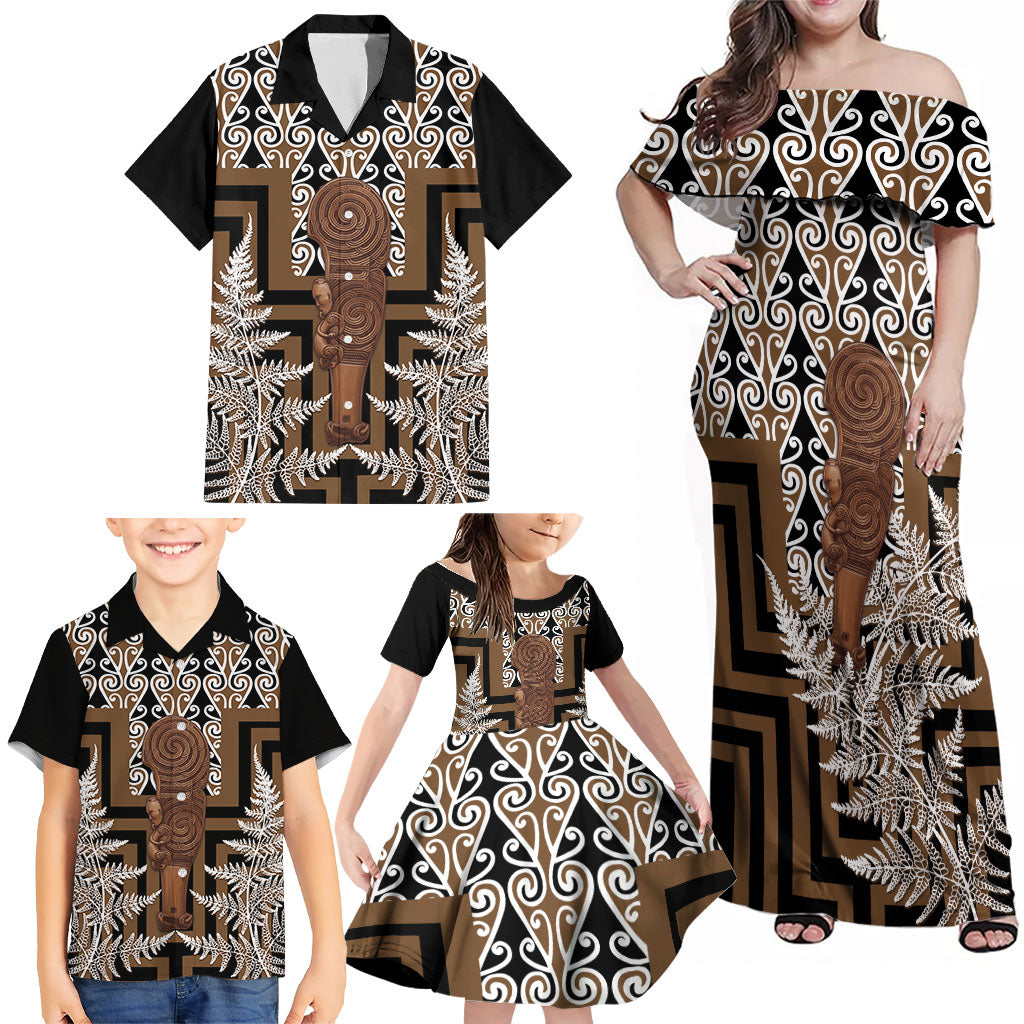 Wahaika New Zealand Family Matching Off Shoulder Maxi Dress and Hawaiian Shirt Maori Weapon Kowhaiwhai Fern Poutama Motifs