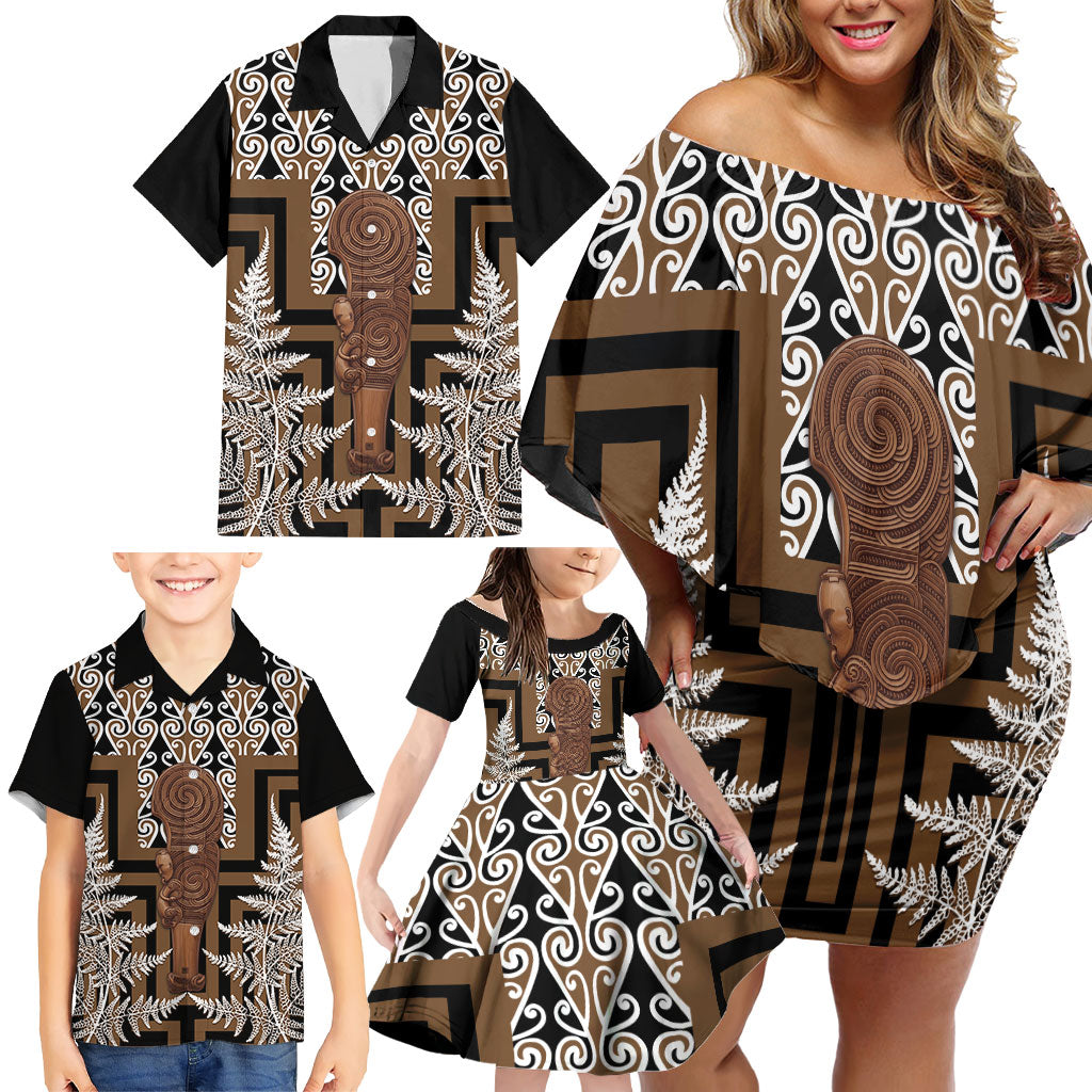 Wahaika New Zealand Family Matching Off Shoulder Short Dress and Hawaiian Shirt Maori Weapon Kowhaiwhai Fern Poutama Motifs