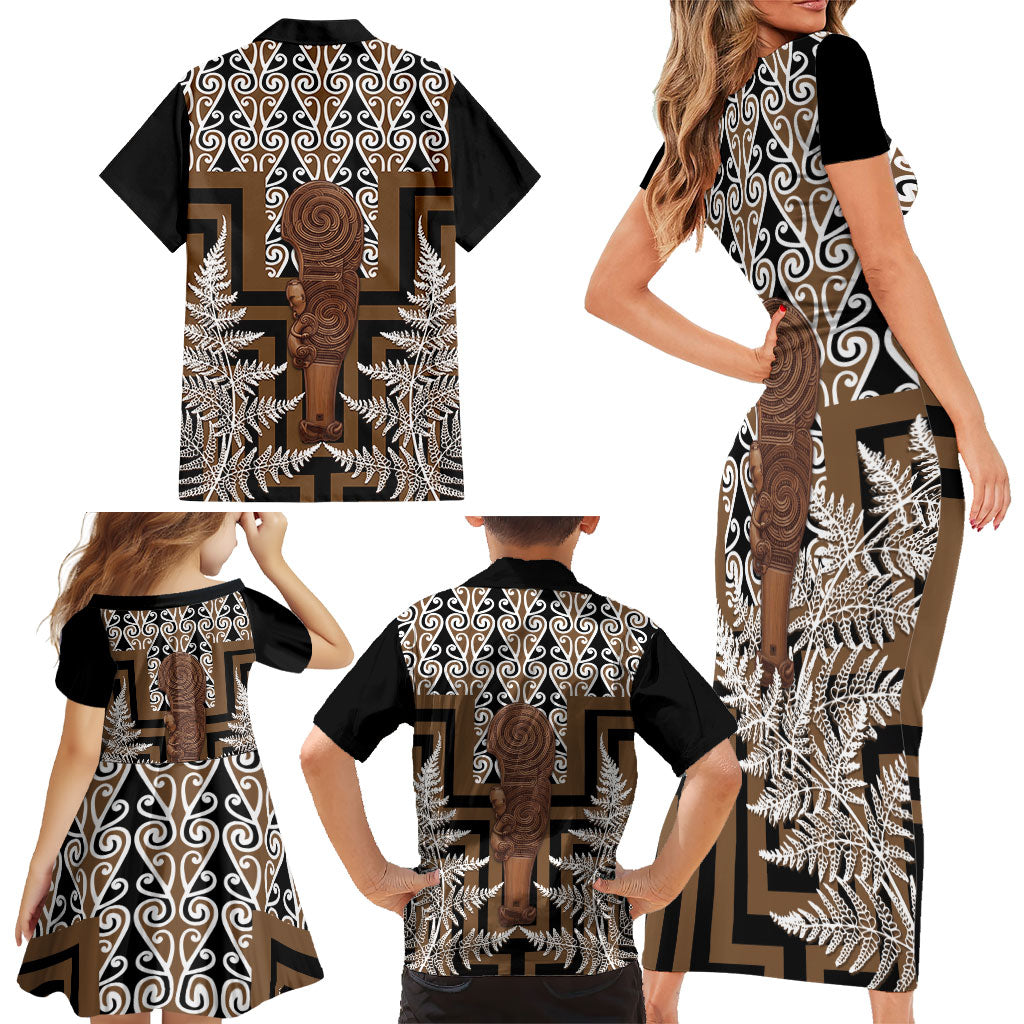 Wahaika New Zealand Family Matching Short Sleeve Bodycon Dress and Hawaiian Shirt Maori Weapon Kowhaiwhai Fern Poutama Motifs