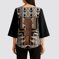 Wahaika New Zealand Kimono Sleeve Blouse Maori Weapon Kowhaiwhai Fern Poutama Motifs
