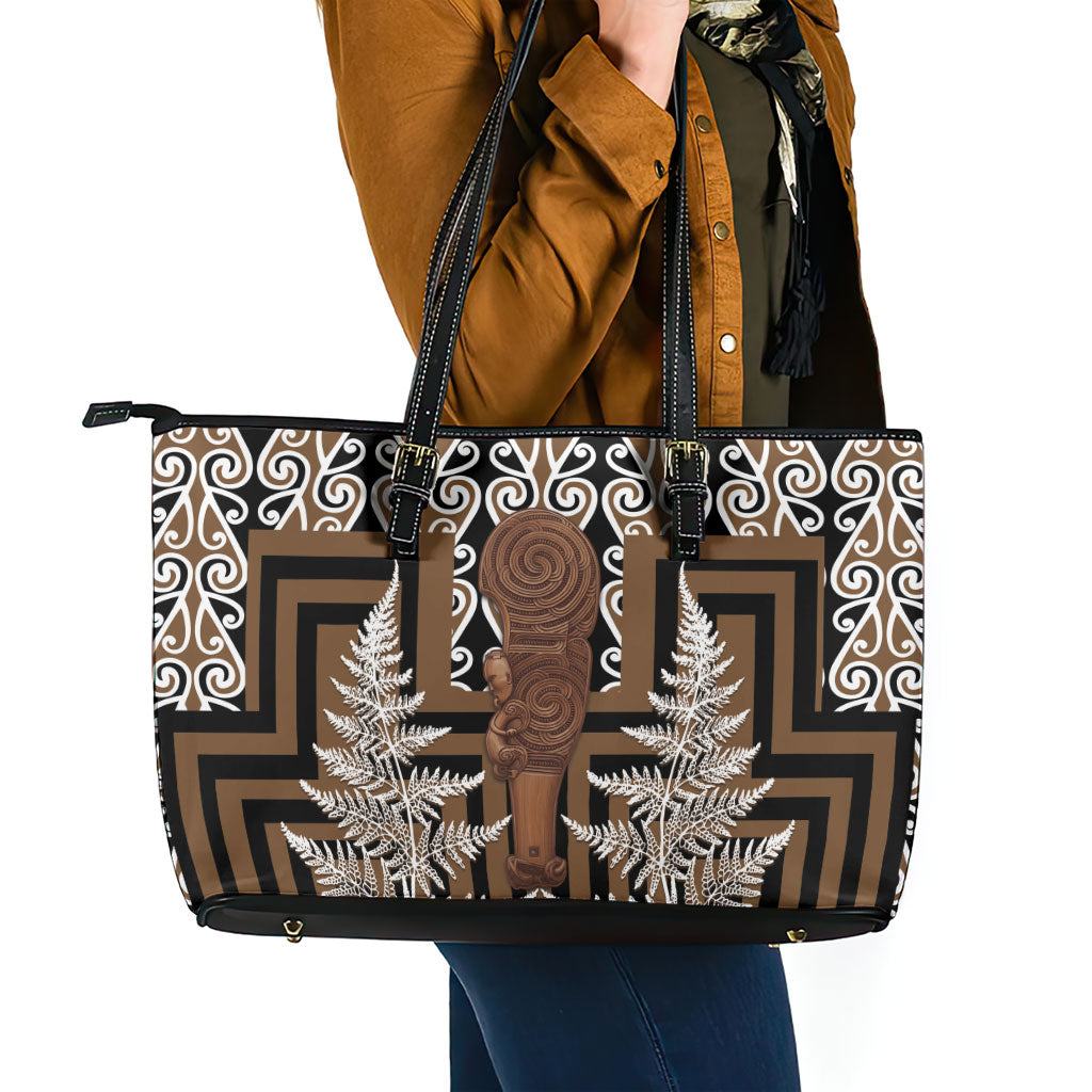 Wahaika New Zealand Leather Tote Bag Maori Weapon Kowhaiwhai Fern Poutama Motifs