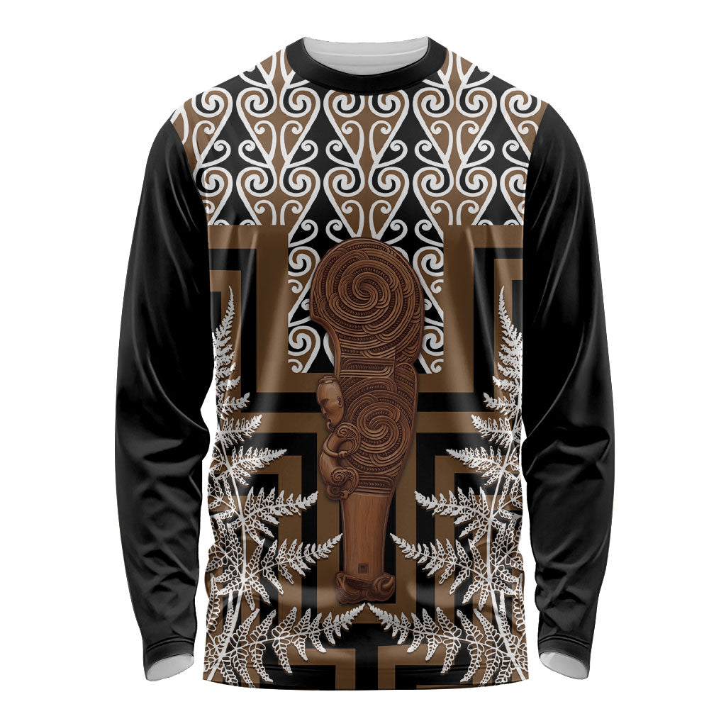Wahaika New Zealand Long Sleeve Shirt Maori Weapon Kowhaiwhai Fern Poutama Motifs LT14 Unisex Brown - Polynesian Pride