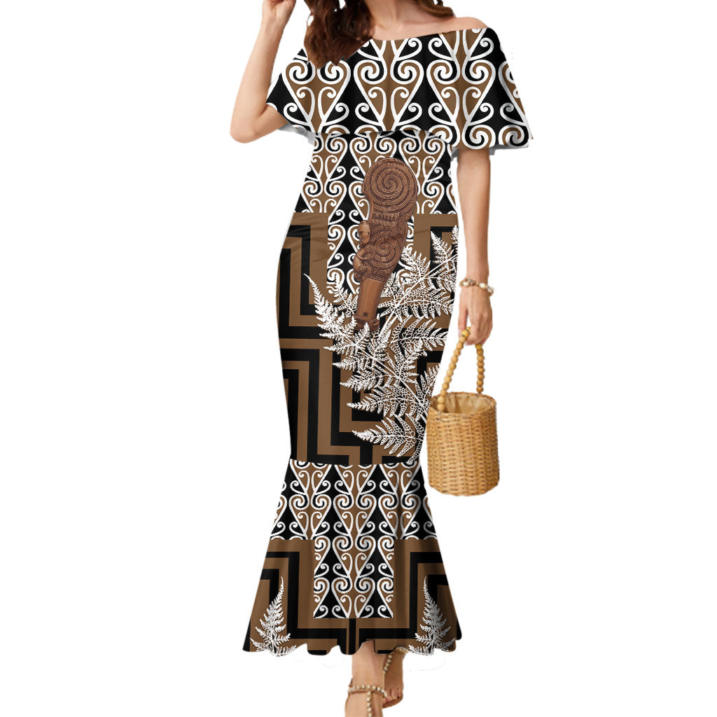 Wahaika New Zealand Mermaid Dress Maori Weapon Kowhaiwhai Fern Poutama Motifs LT14 Women Brown - Polynesian Pride