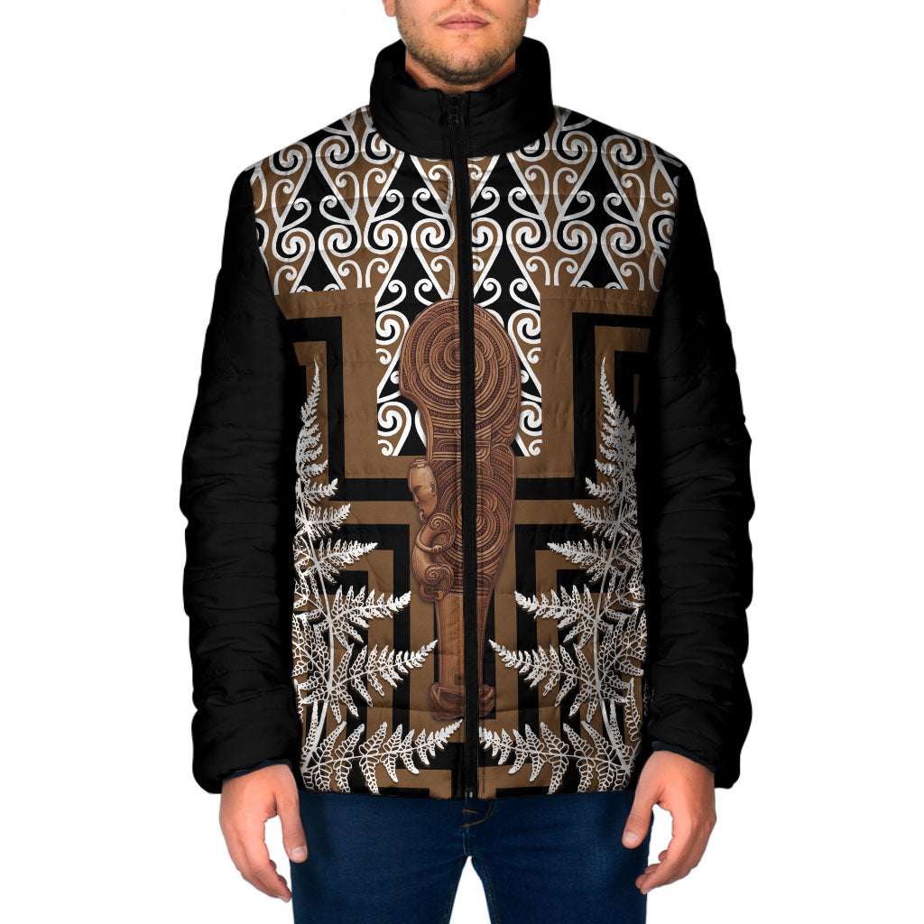 Wahaika New Zealand Padded Jacket Maori Weapon Kowhaiwhai Fern Poutama Motifs LT14 Men Brown - Polynesian Pride