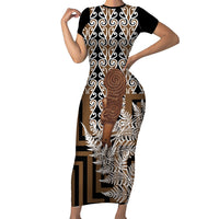 Wahaika New Zealand Short Sleeve Bodycon Dress Maori Weapon Kowhaiwhai Fern Poutama Motifs