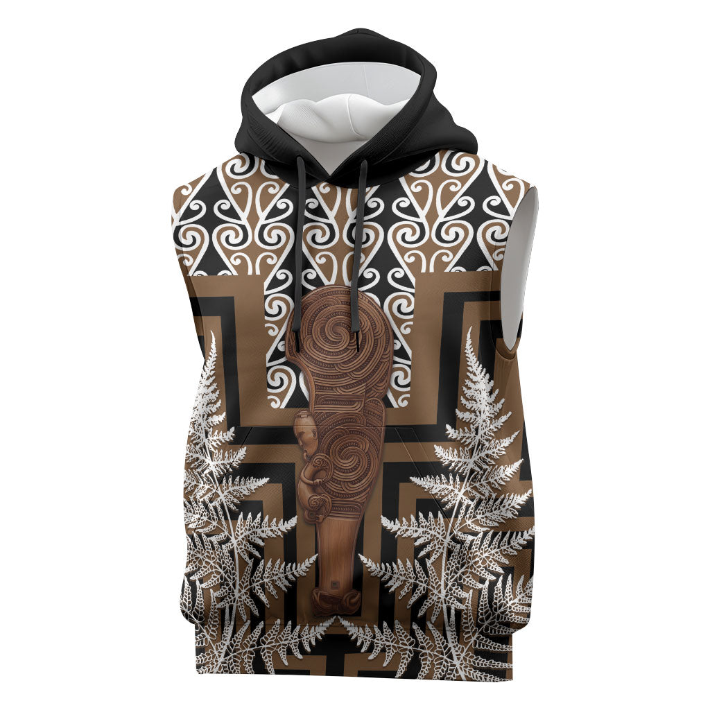 Wahaika New Zealand Sleeveless Hoodie Maori Weapon Kowhaiwhai Fern Poutama Motifs