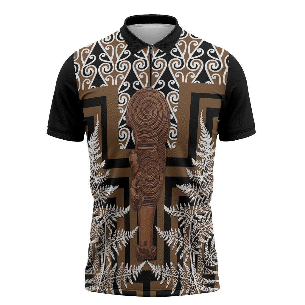 Wahaika New Zealand Zipper Polo Shirt Maori Weapon Kowhaiwhai Fern Poutama Motifs