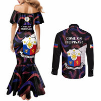 Philippines Football Couples Matching Mermaid Dress and Long Sleeve Button Shirts 2023 World Cup Go Filipinas Feather Black Version LT14 - Polynesian Pride