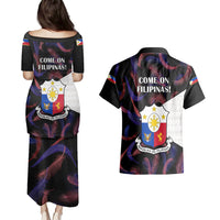 Philippines Football Couples Matching Puletasi Dress and Hawaiian Shirt 2023 World Cup Go Filipinas Feather Black Version LT14 - Polynesian Pride